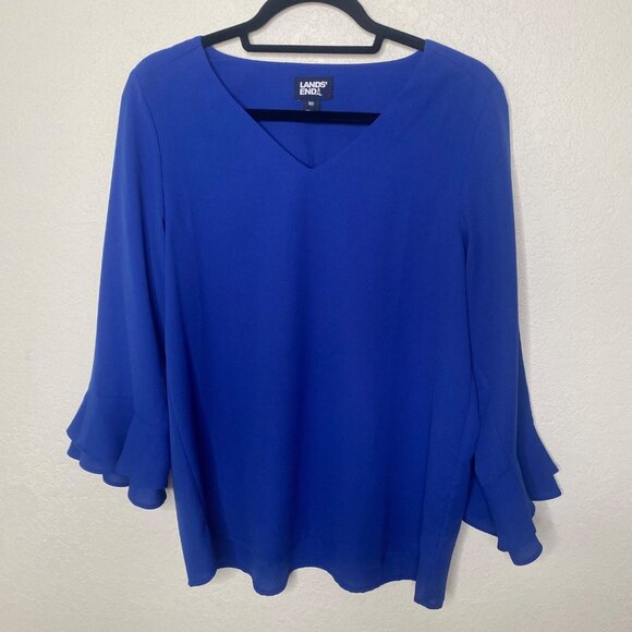 Lands End Womens Blue V-Neck Blouse Size 10 Long Bell Sleeves Made In Sri‎ Lanka - Picture 4 of 9